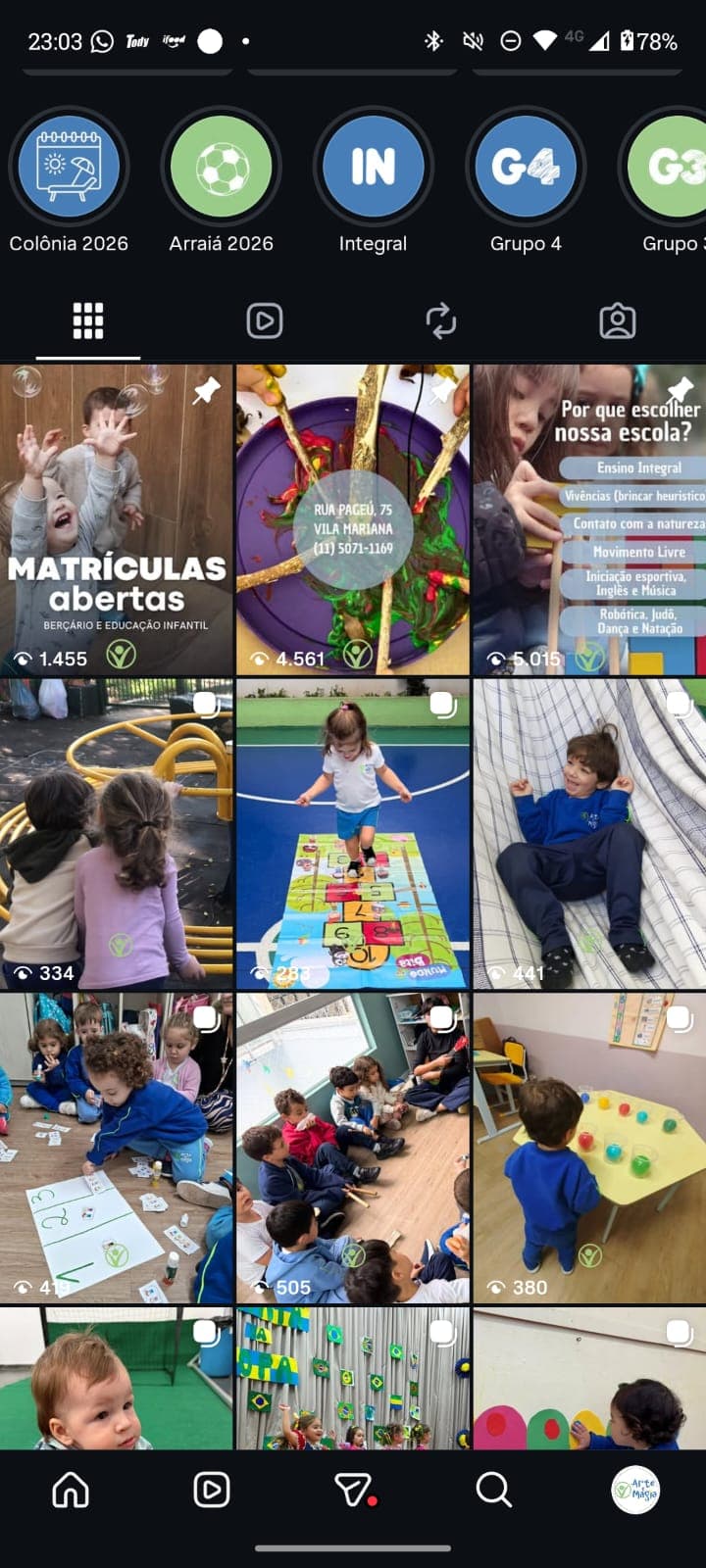 Feed instagram escola de educação infantil Arte e Magia